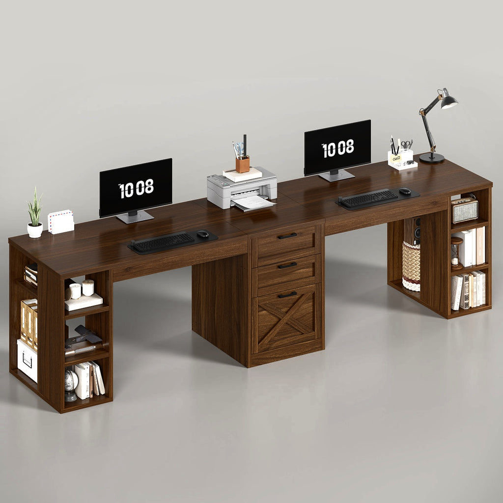 96.5'' 2 Person Executive Gaming Desk File Storage Cabinet New Work Office Warm Brown