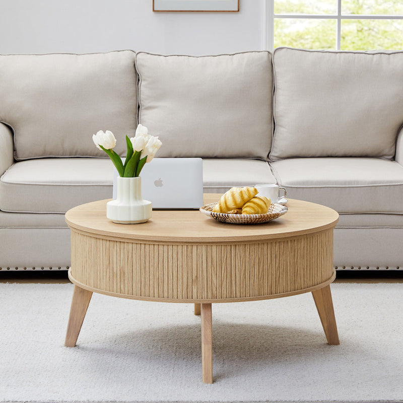 35.4" Round Lift Top Coffee Table With Storage, Fluted Mid Century Modern Natural Oak Finish