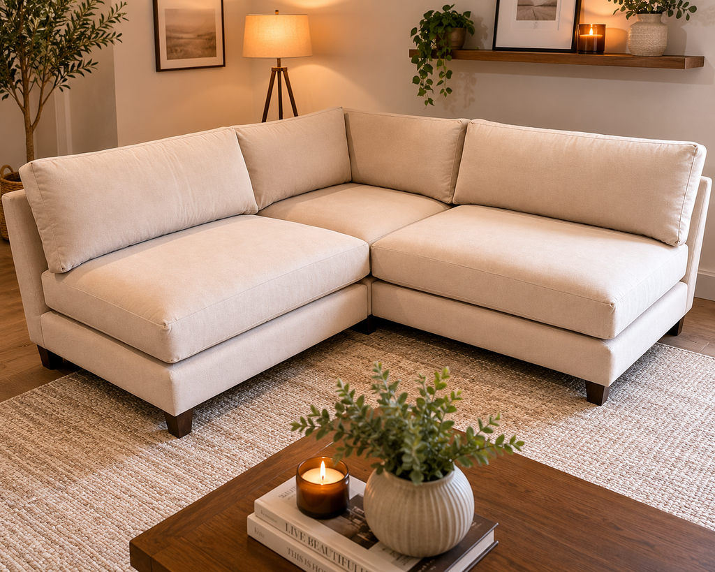 Home By Sean & Cath Lowe Luxurious Armless Corner Sectional Sofa Modular Beige Plush Solid Durable New