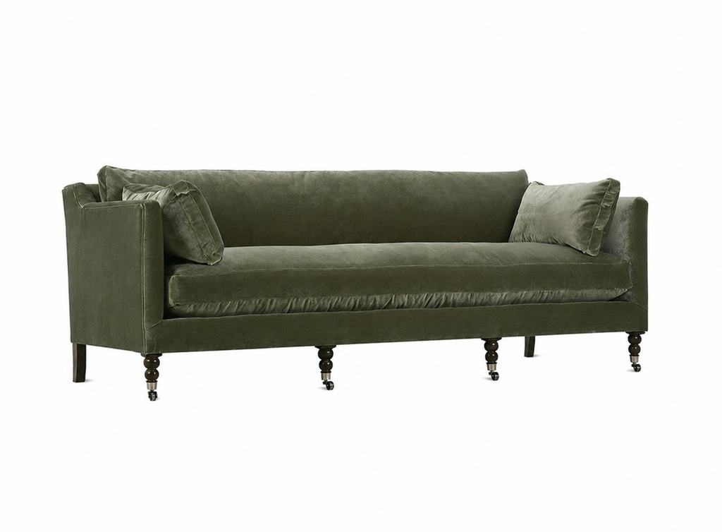 Rowe Furniture 90" Designer Quality Velvet Sofa Couch Reversible Cushions Down Fill Modern Plush Sage New