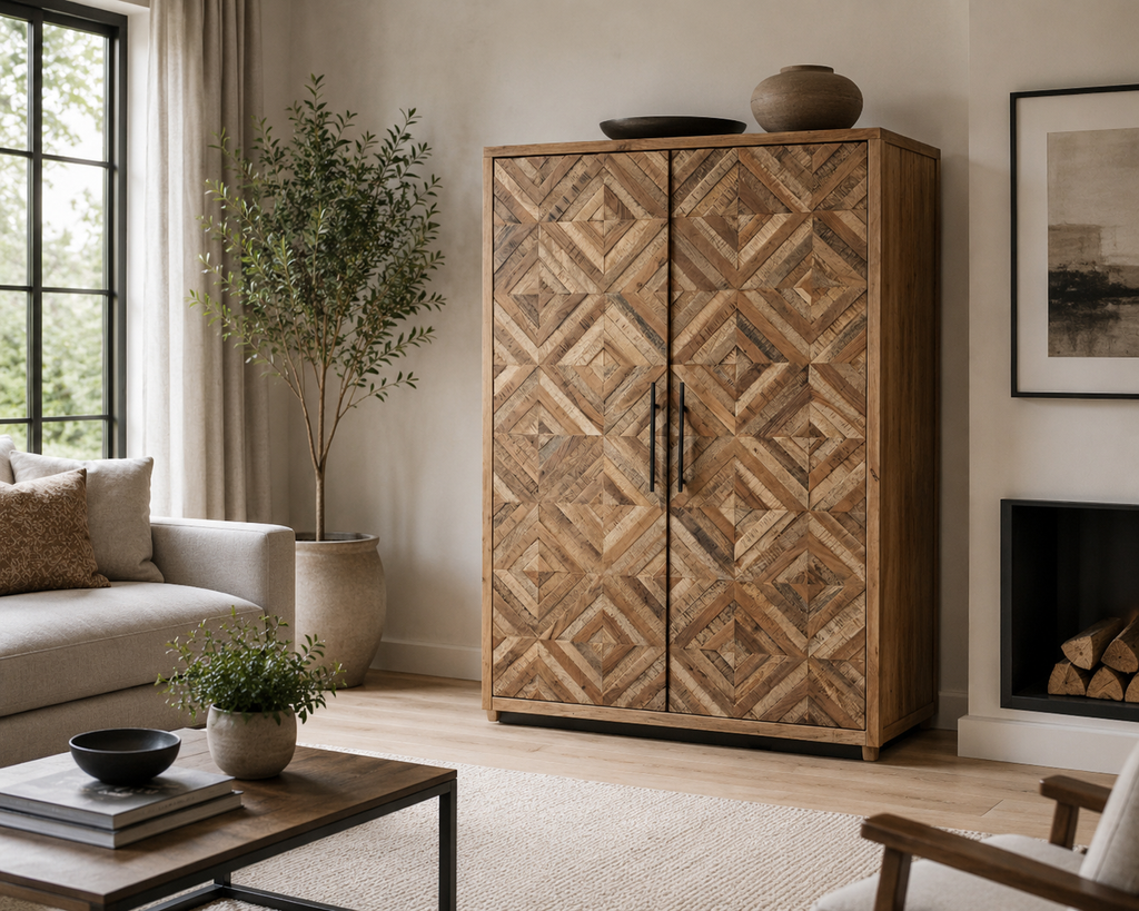 Solid Wood Designer Storage Cabinet Buffet Sideboard 2 Doors Ample Storage Carved Geometric Diamond Detail Beautiful New