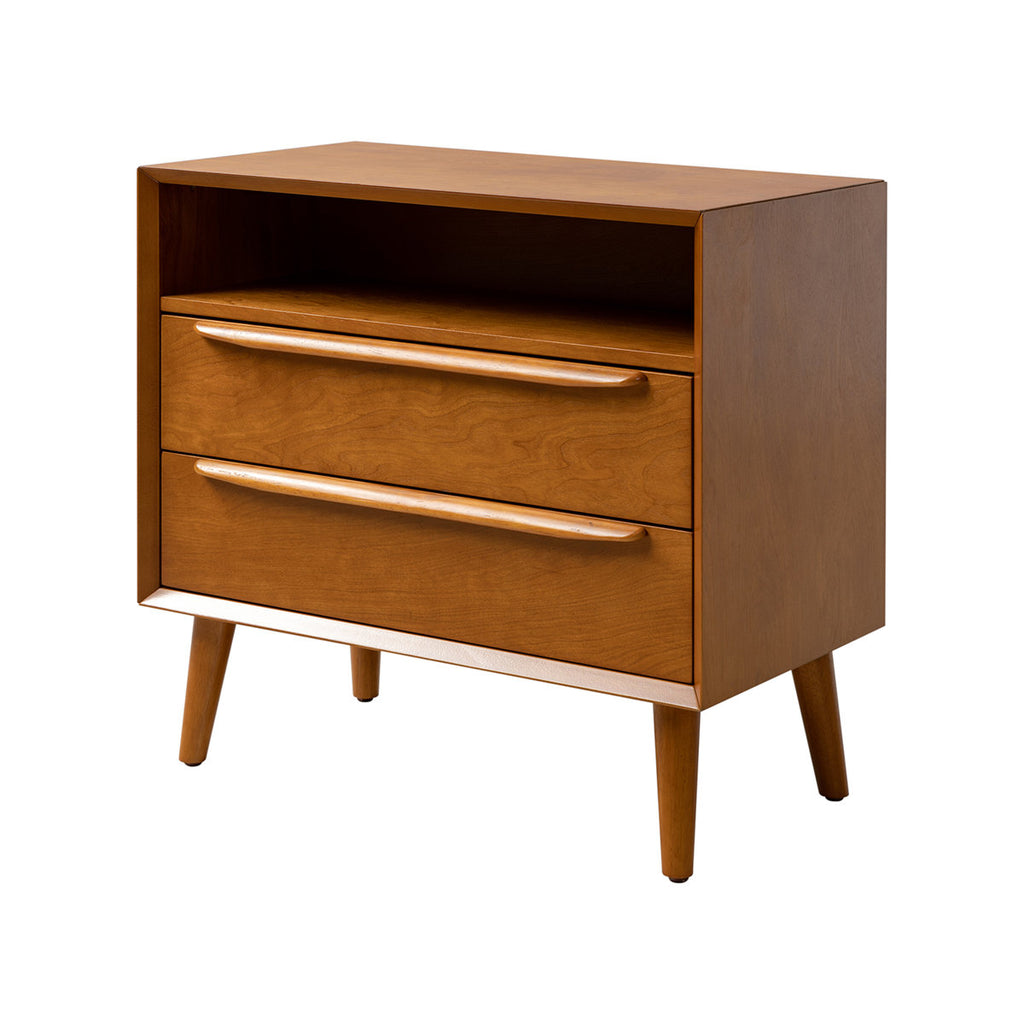Bedroom Nightstand 2 Drawer 1 Open Storage Shelf Brand New Acorn Finish Mid Century Modern Quality Built-In Electrical Outlet
