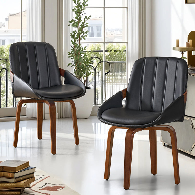 Dining Chair Black (Set of 2) Retro Design Walnut Finished Wood & Vegan Leather Modern Quality