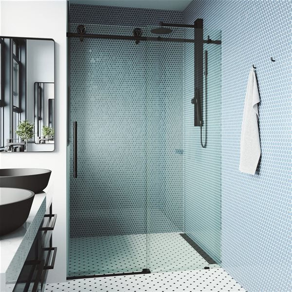 Vigo Cass 64-68" W x 76" H Sliding Frameless Shower Door Clear Glass Door Black Finish Hardware Brand New Sealed Box
