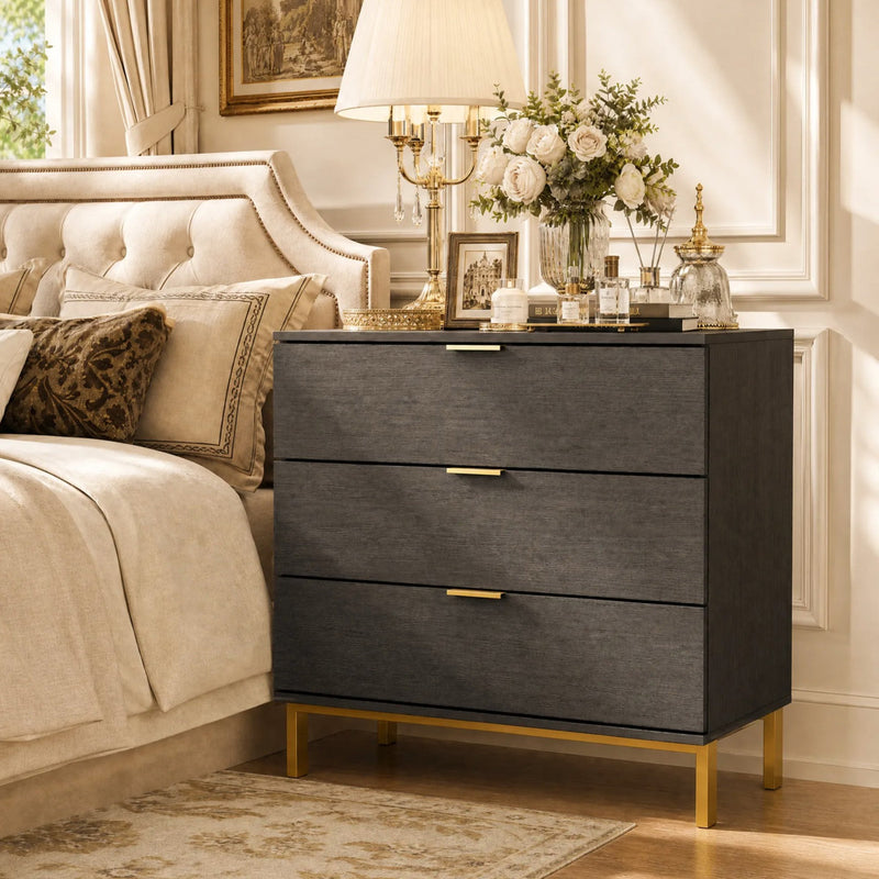 3 Drawer 31.5" Dresser End Table Nightstand Ample Storage Black with Gold Accent