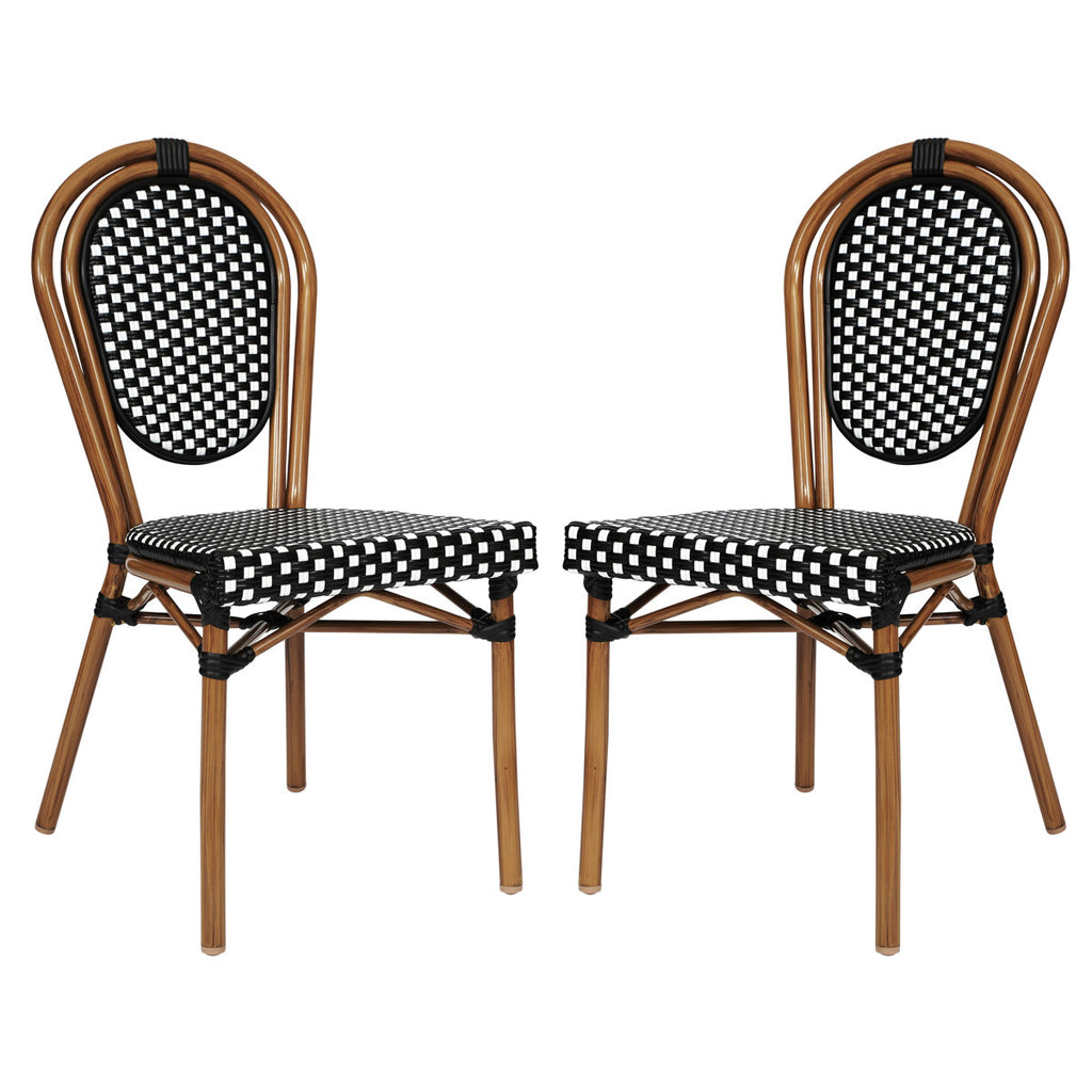 Set of 2 All-Weather Wicker Rattan Commercial Stacking Paris Chairs with Metal Frames Bamboo Finish French Bistro Design