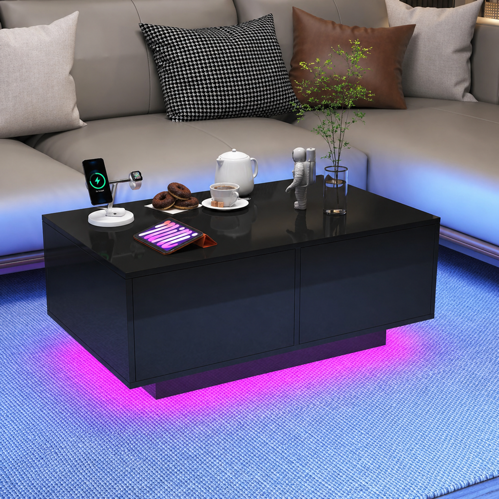 37" Black 4 Drawer Storage Coffee Table New In Box With LED Lighiting Modern