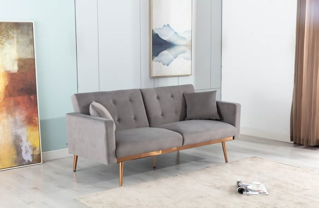 63.7" Convertible Sleeper Loveseat Sofa Couch New Grey Velvet Rose Gold Accent Mid Century Modern Furniture