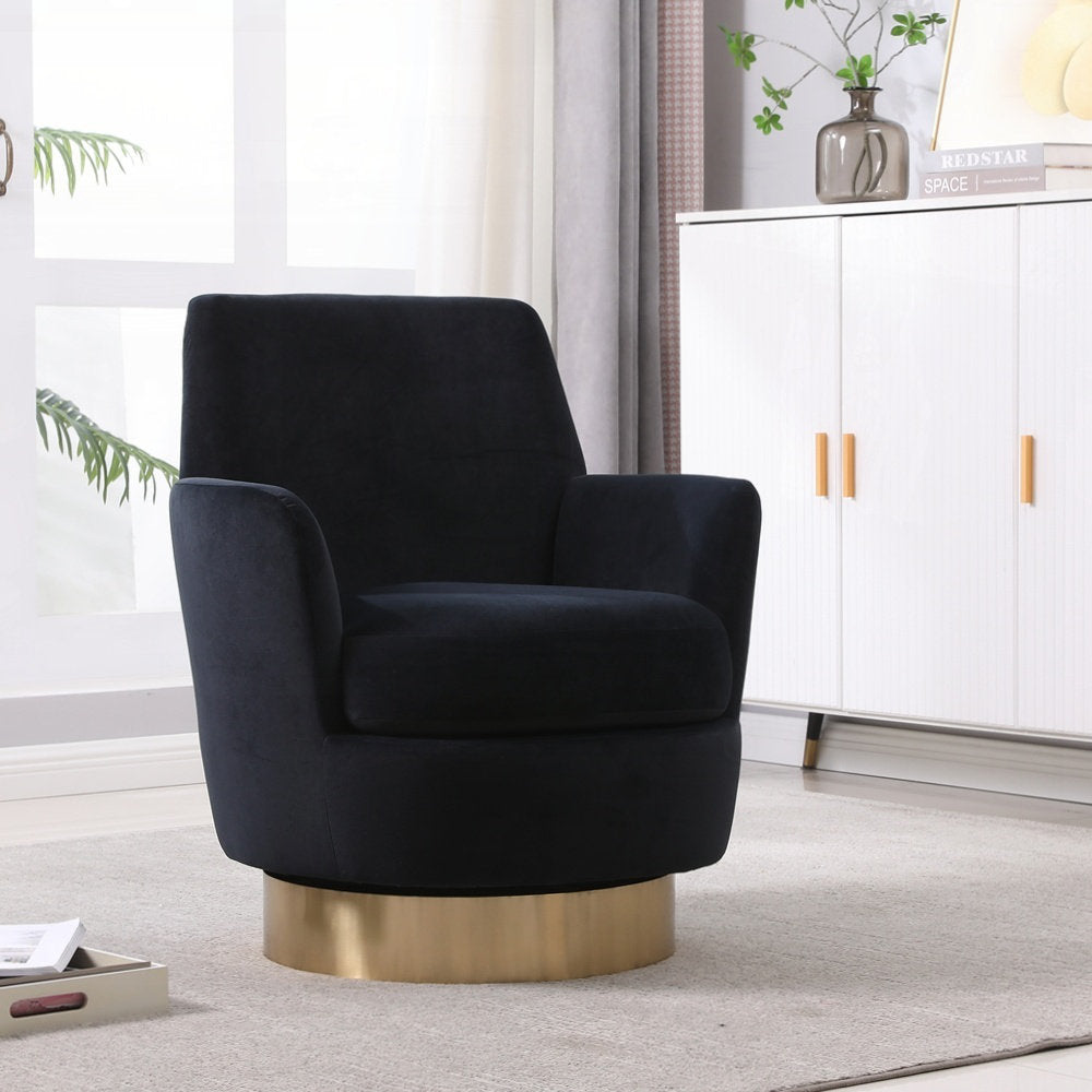28.3" Black Velvet Swivel Accent Barrel Chair New Plush Assembled Gold Finished Metal Trim