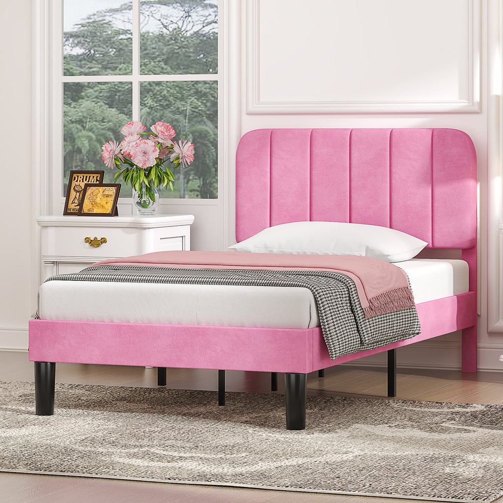 Upholstered Twin Size Bed Frame New In Box Pink Velvet With Slats No Boxspring Required