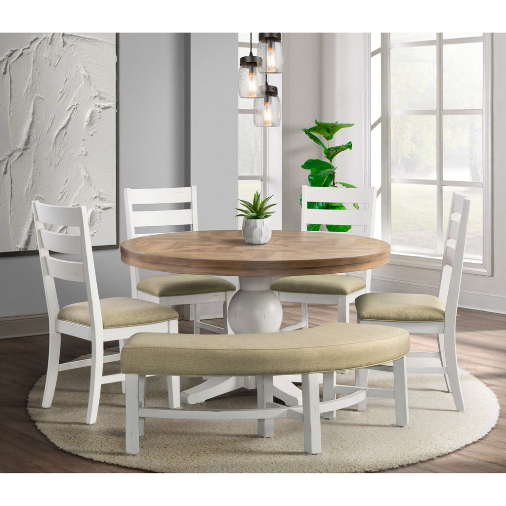 6 Piece Round Dining Table Set Includes Chairs and Bench Rustic Comfort Distressed