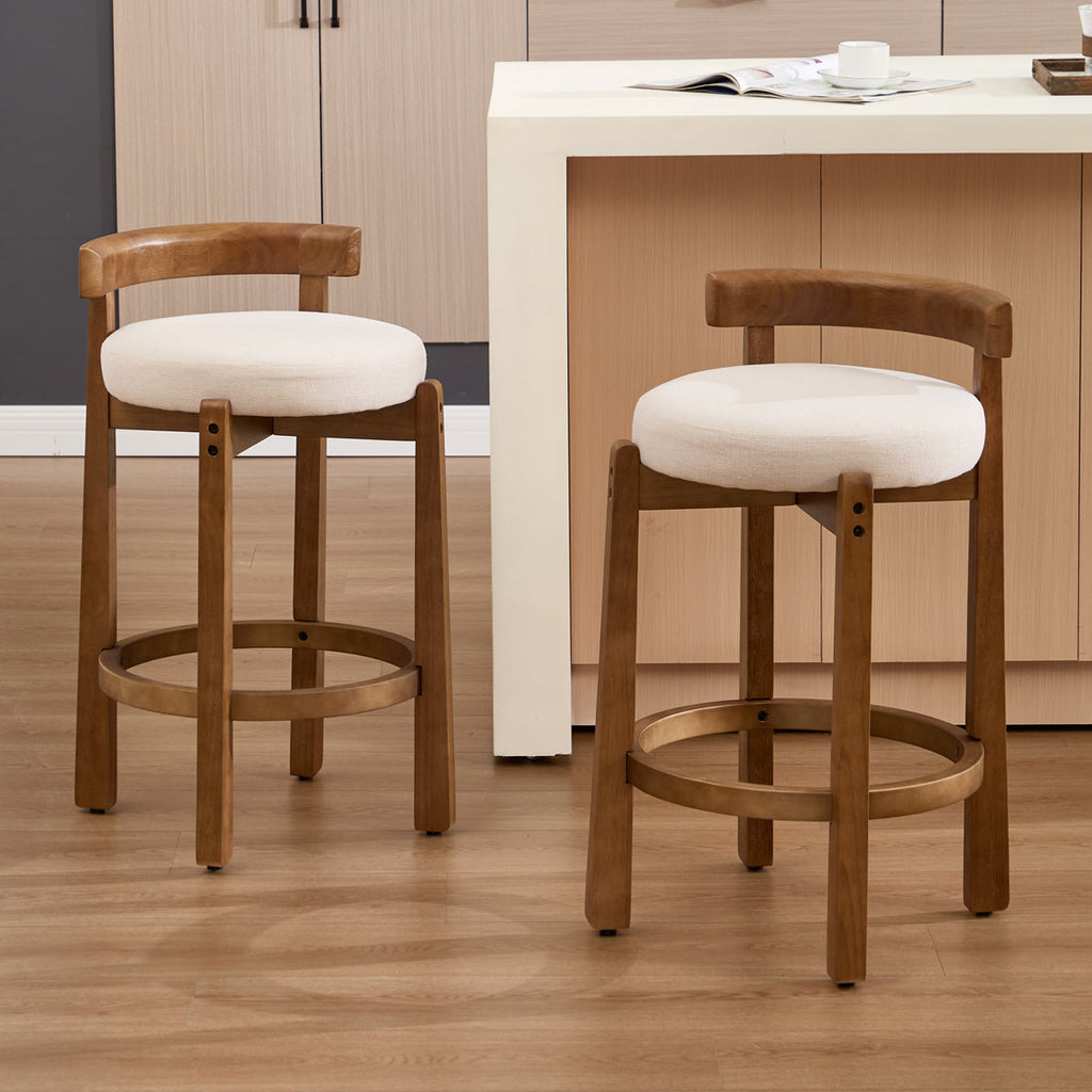 Mid Century Beige Linen Bar Counter Stool Set of 2 Swivel Soild Wood Frame, Upholstered Kitchen Bar Stools Counter Height