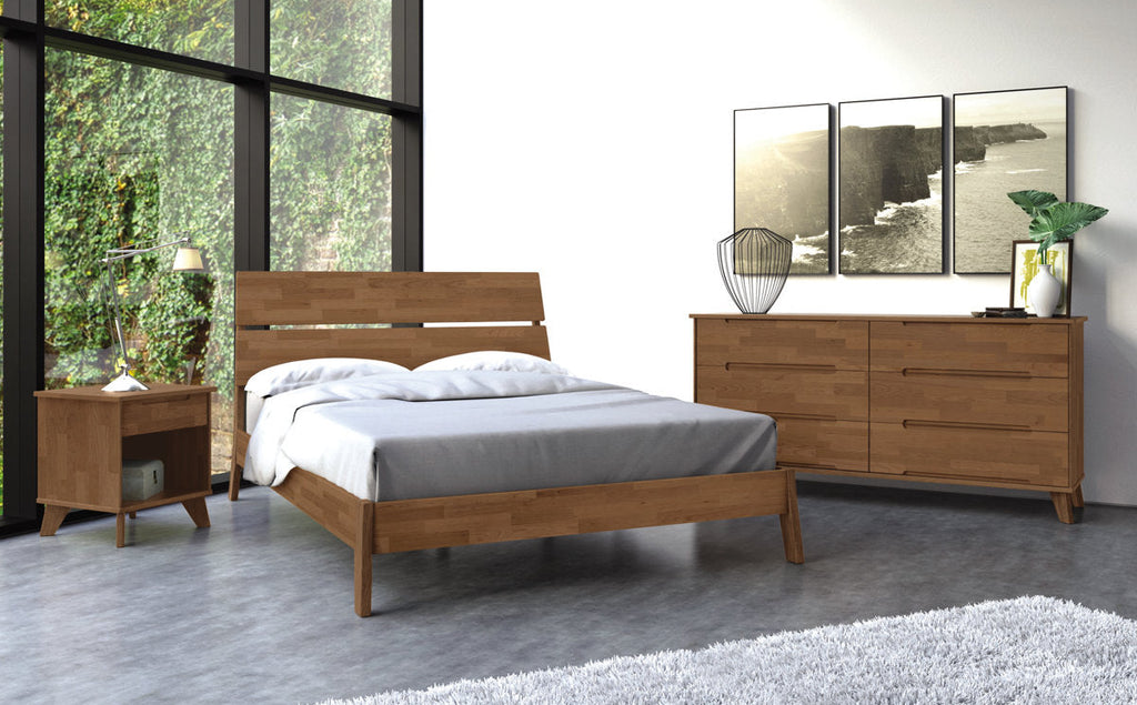Copeland Linn Platform Bed King Size Solid Wood Saddle Cherry Finish Brand New Mid Century Modern Designer Quality