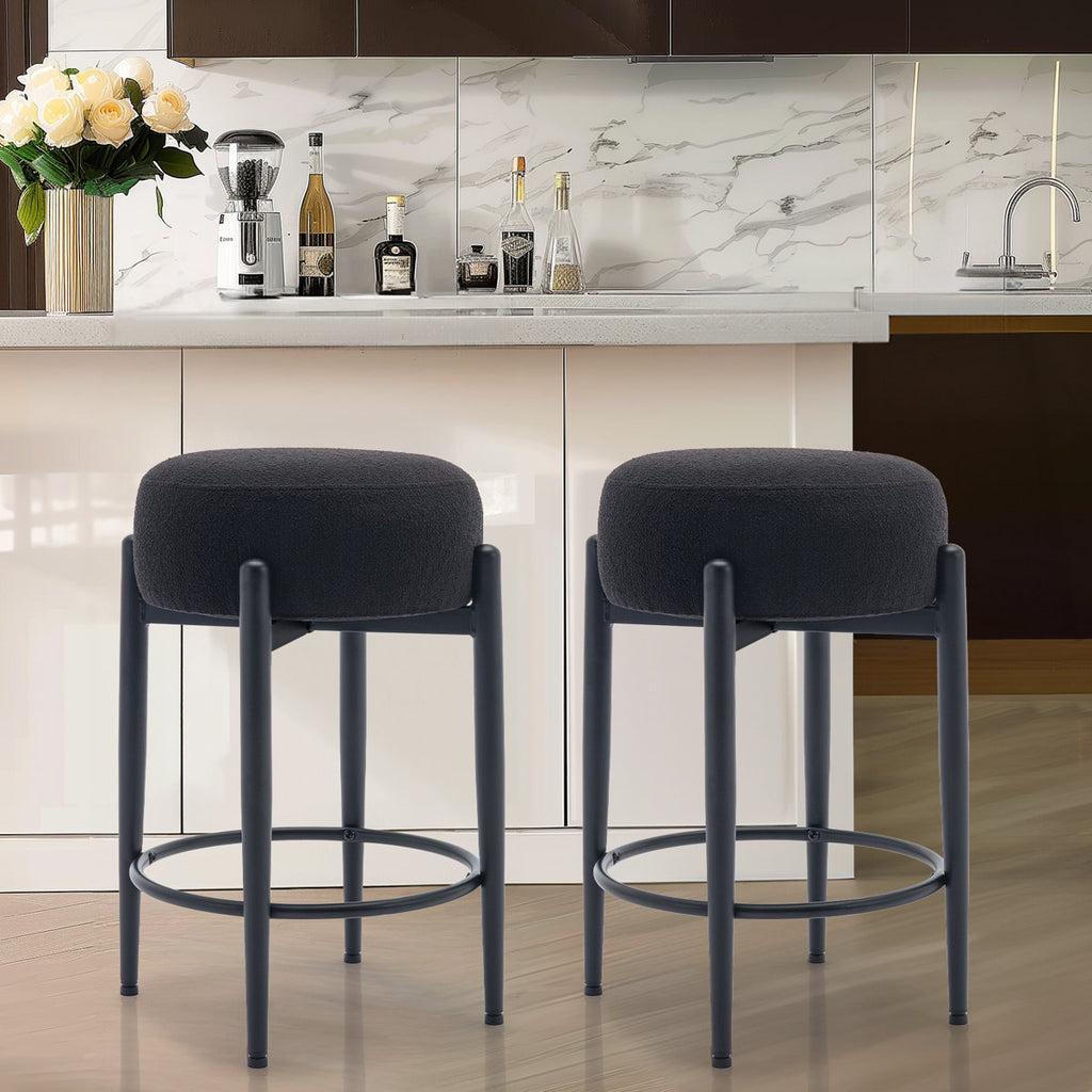 Set of 2 Black Sherpa Boucle Upholstered Counter Bar Stool With Black Metal Frame and Footrest Round Seat