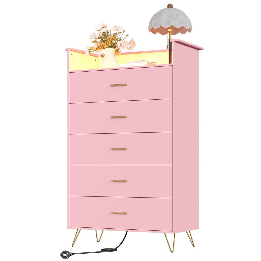 53" Tall 5 Drawer Dresser Chest RGB LED Lights & USB Charging Station App Controlled