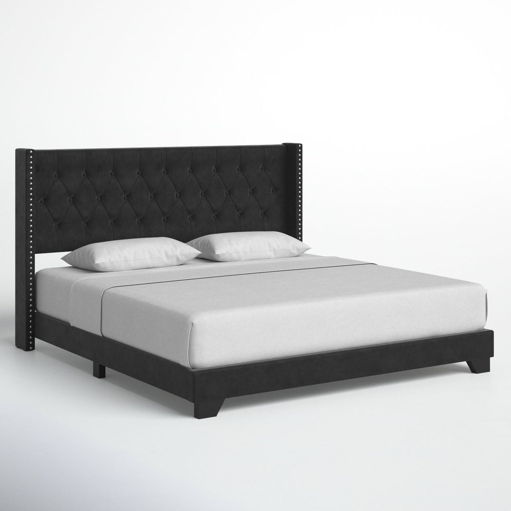 Modern Tufted Upholstered Low Profile Bed Frame Queen Size Black Velvet With Nail Head Trim New