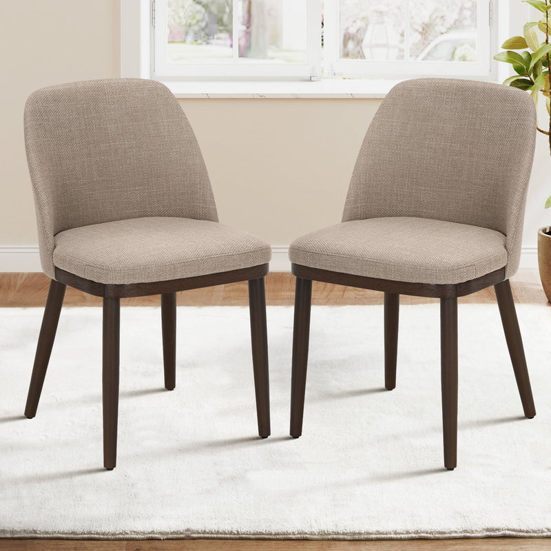 Set of 2 Upholstered Dining Chairs Brand New Two Tone Camel Grey and Walnut Finish Mid Century Modern Quality
