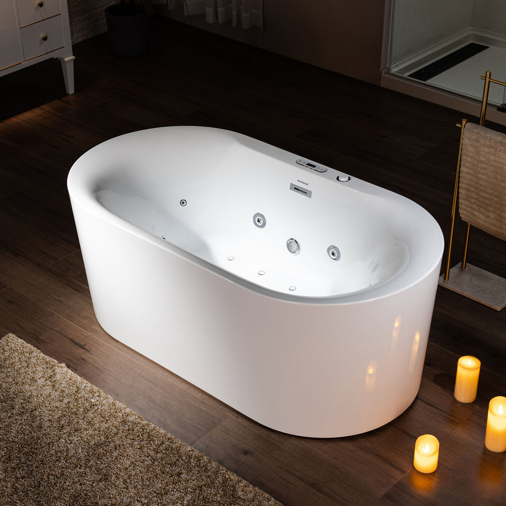 Woodbridge 72" x 35-3/8" Whirlpool & Air Bubble Heated Freestanding Soaking Bath Tub LED Control Panel, Chromatherapy BJ600