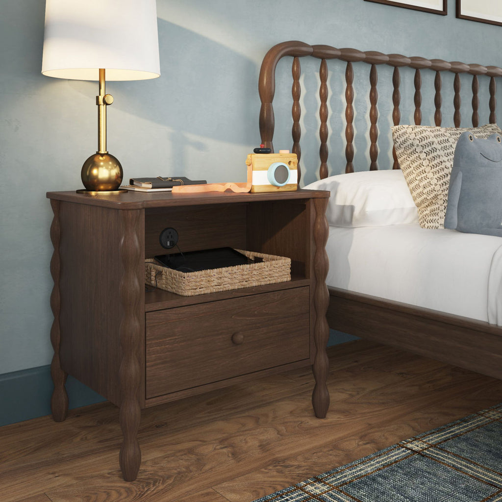 25.5" Pine Wood Bedroom Nightstand End Side Table 1 Storage Drawer New USB Charging Outlet Walnut Finish Assembled Mid Century Modern