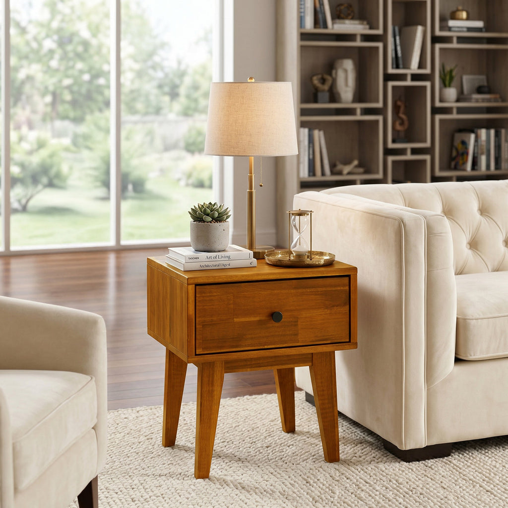 Acacia Wood Bedroom Nightstand 1 Storage Drawer Brand New Caramel Finish Assembled  Mid Century Modern