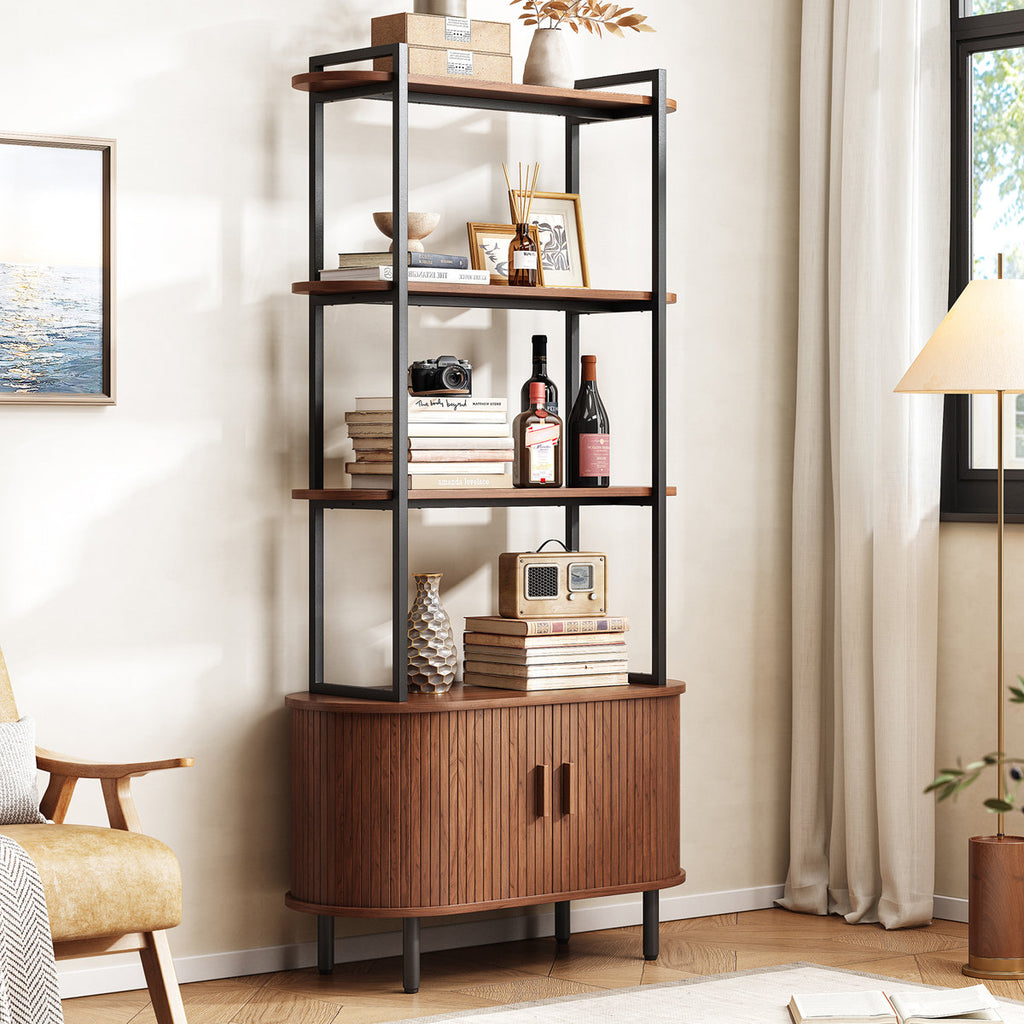 31.5" Wide Freestanding Book Shelf Office Work Display / Storage Shelf Cabinet Walnut Home Furniture Mid Century Modern New