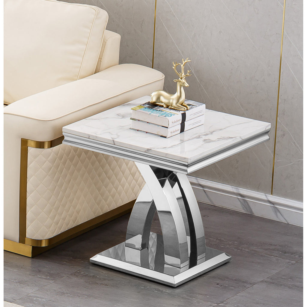 22.8" Square Faux Marble Accent End Side Table, Modern Chrome Finish Stainless Steel Nightstand