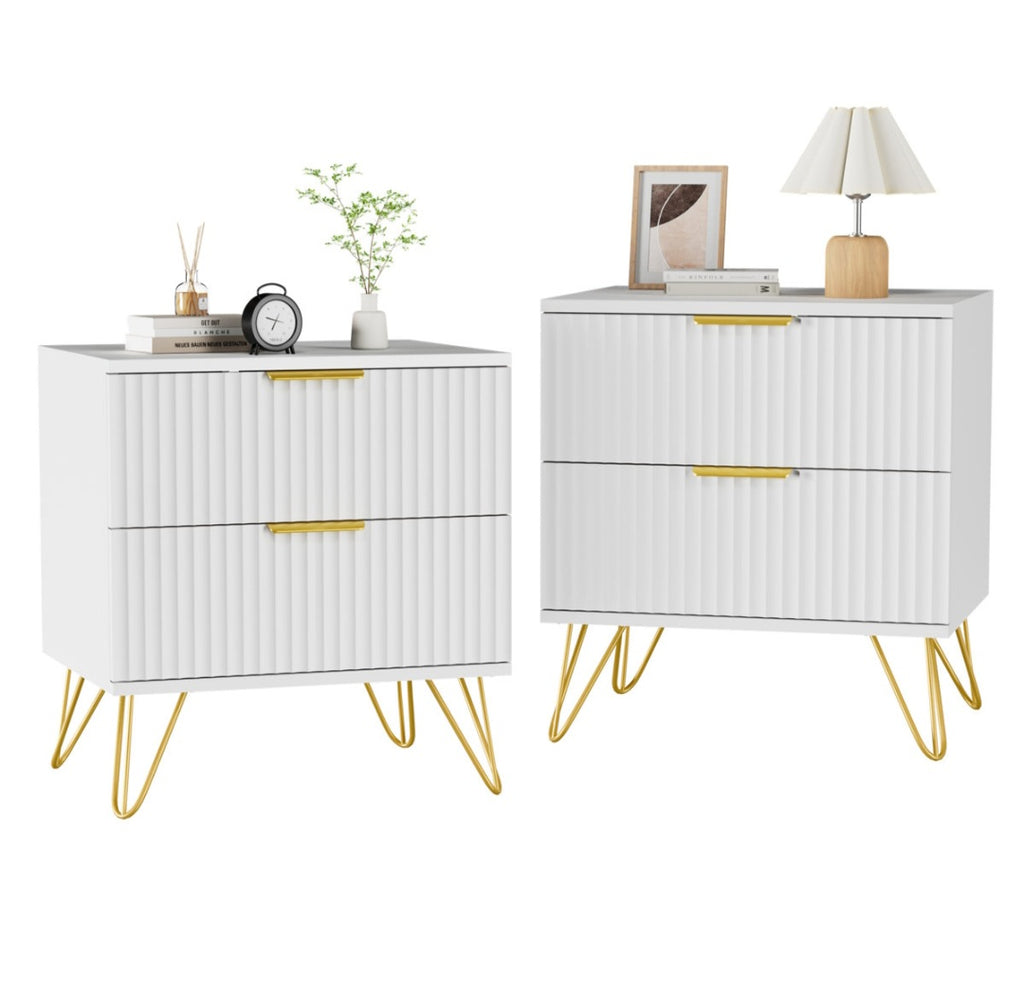 Set of 2 - White 2 Drawer Nightstand Fluted Design Gold Accents New Durable Contemporary Storage