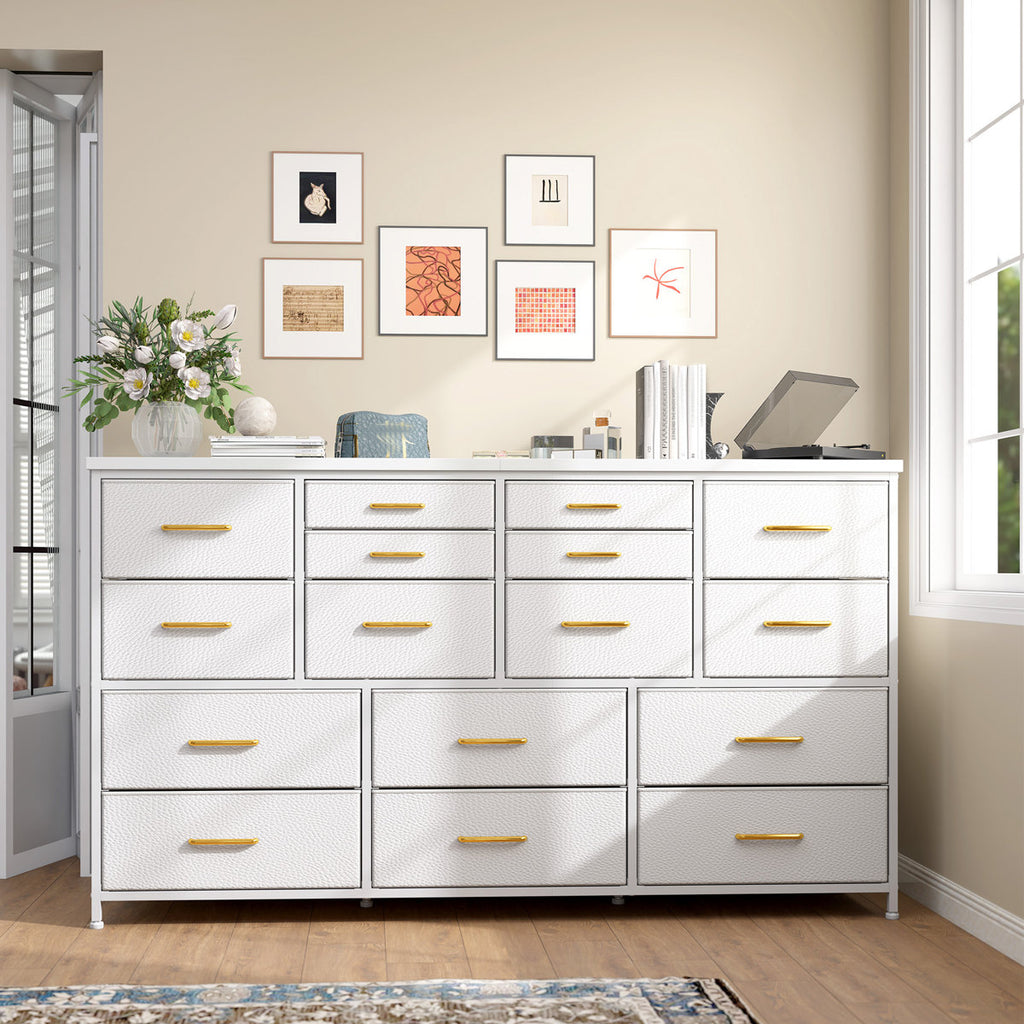 51.1" Wide 16 Drawer Dresser with Charging Station for Bedroom & 60" TV Stand White Gold Finish