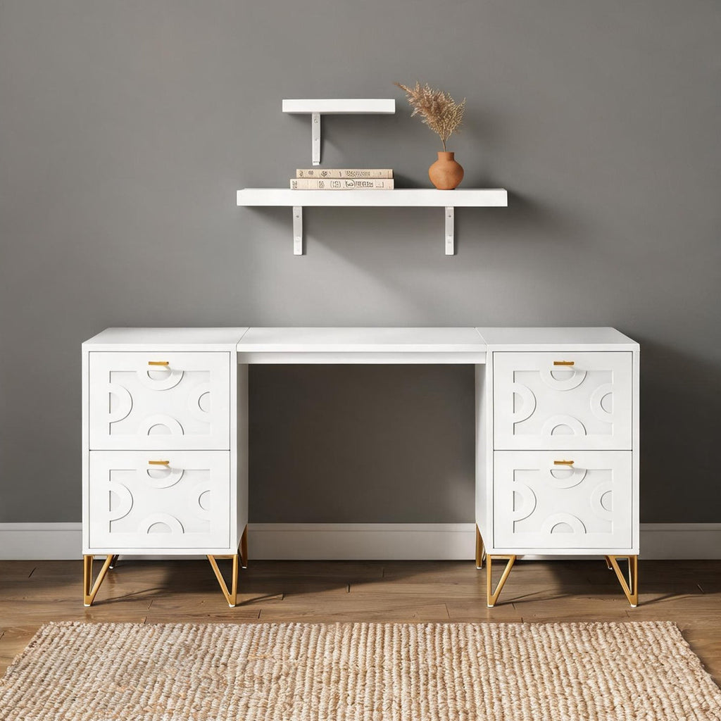 59" White 4 Drawer Modern Executive Writing  Desk Gold Accent New Durable Contemporary Storage
