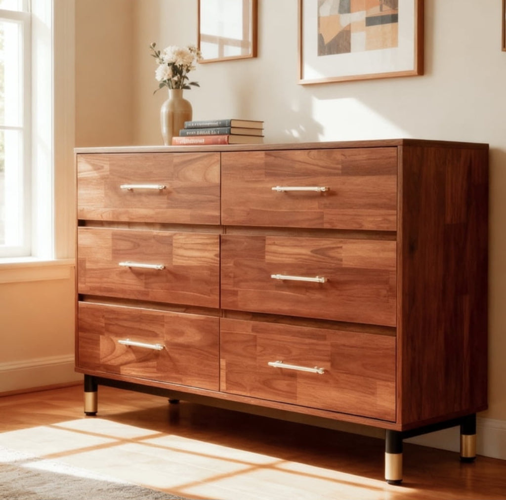 6 Drawer 47.2" Dresser Drawer Chest Walnut Black and Gold. Brand New Ample Storage Mid Century Modern