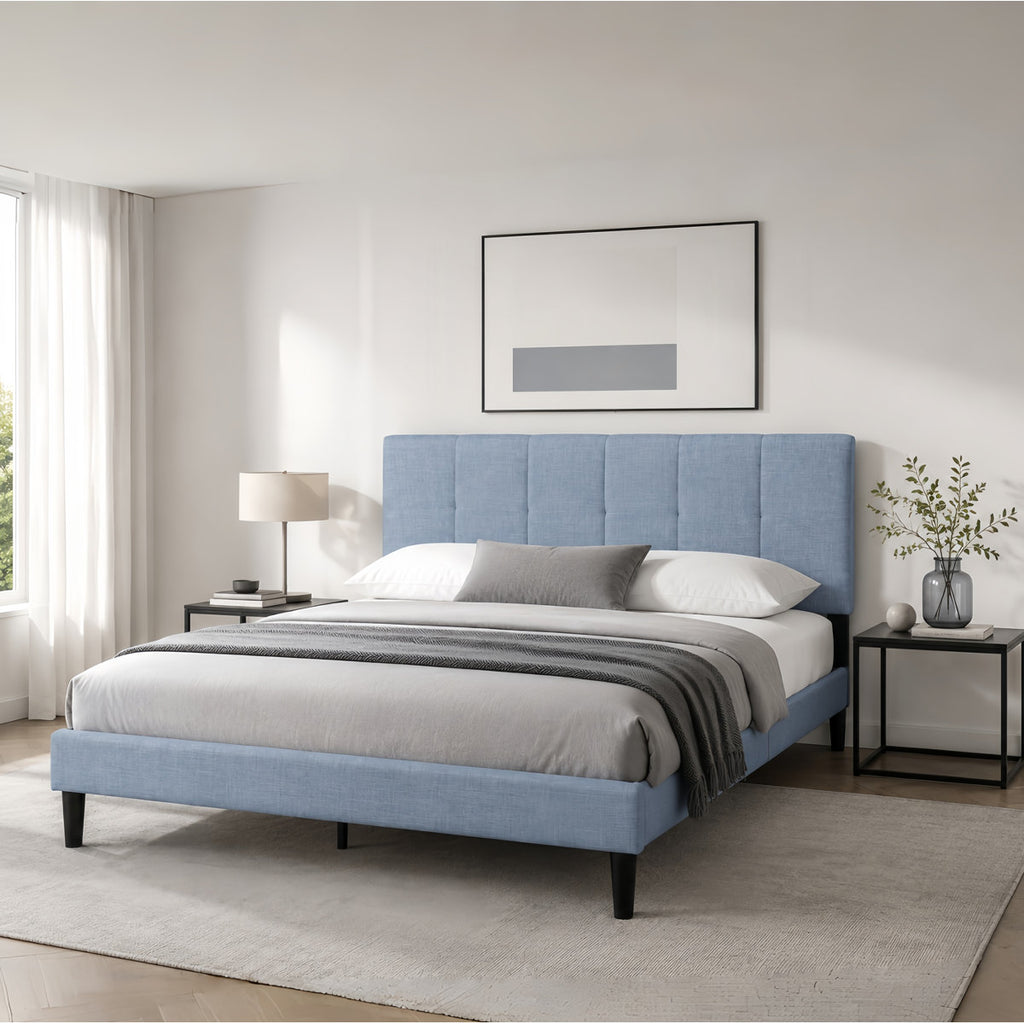 Upholstered Queen Size Bed Frame New In Box Light Blue Linen With Slats No Boxspring Required