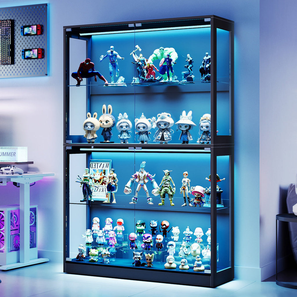 LED Display Storage Cabinet Adjustable Shelves, 4 Tier Case Modern Shelf for Collectibles, Black Curio