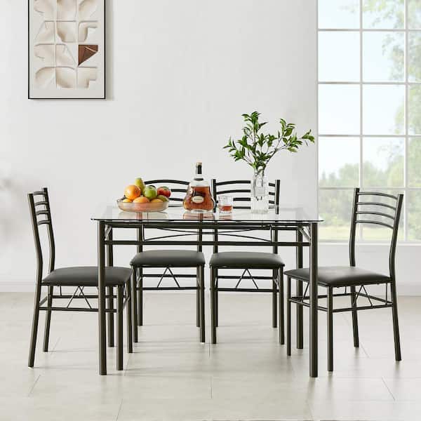 5 Piece Dining Table Set with Tempered Glass Top, Metal Frame Kitchen with 4 Chairs, Modern Set for Apartment, Kitchen, Dining Room, Breakfast Nook