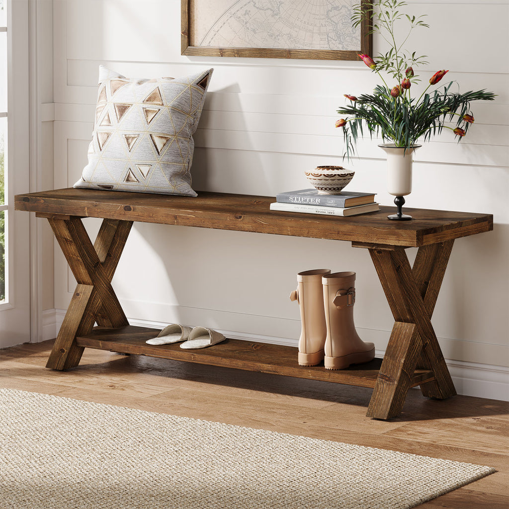 43.3" Solid Wood Storage Bench Rustic Farmhouse With Shelf New Dark Brown Finish