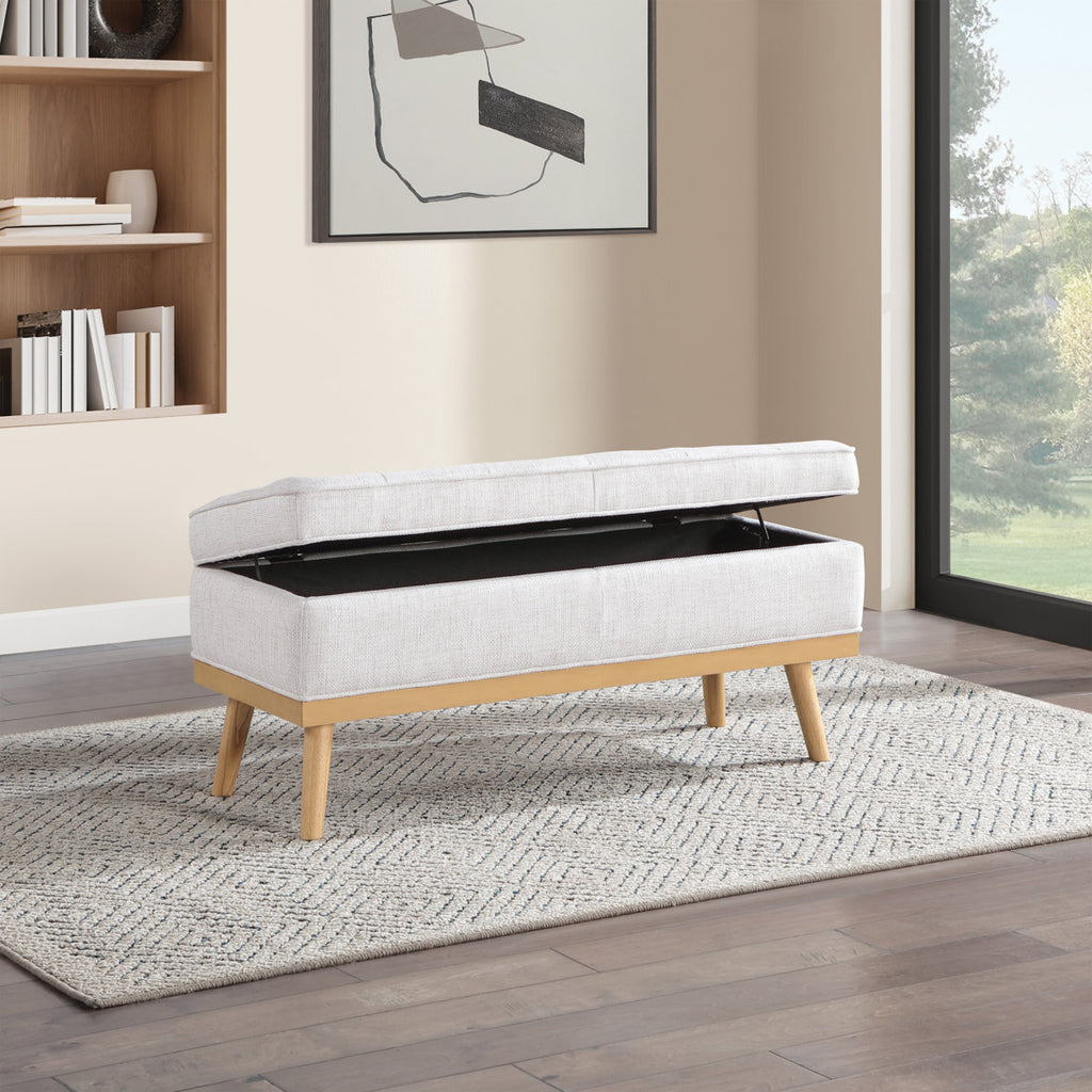 43.5" Cocktail Storage Ottoman Stool Bench Quality New Modern Extra Seating Ivory Linen Oak Finish