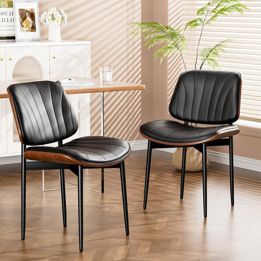 Dining Chair Black (Set of 4) Retro Design Walnut Wood & Vegan Leather Modern Quality