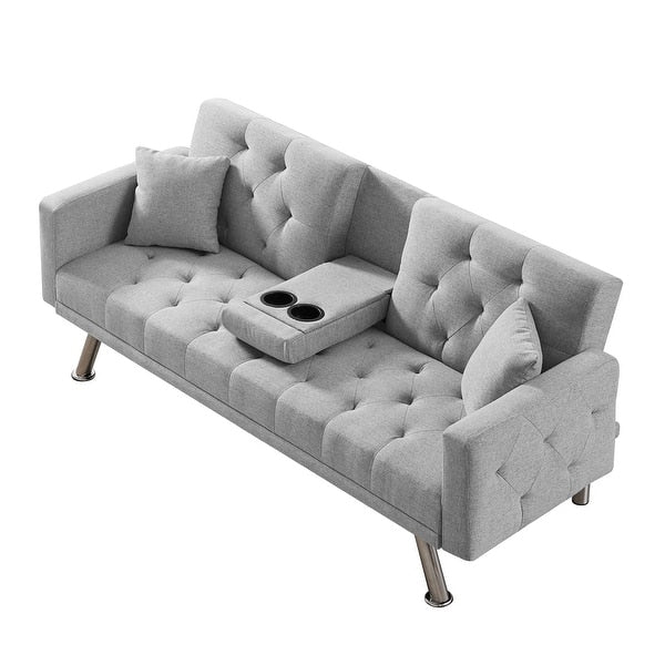 Mid Century Modern Convertible Sleeper Sofa Couch With Cupholder Console New