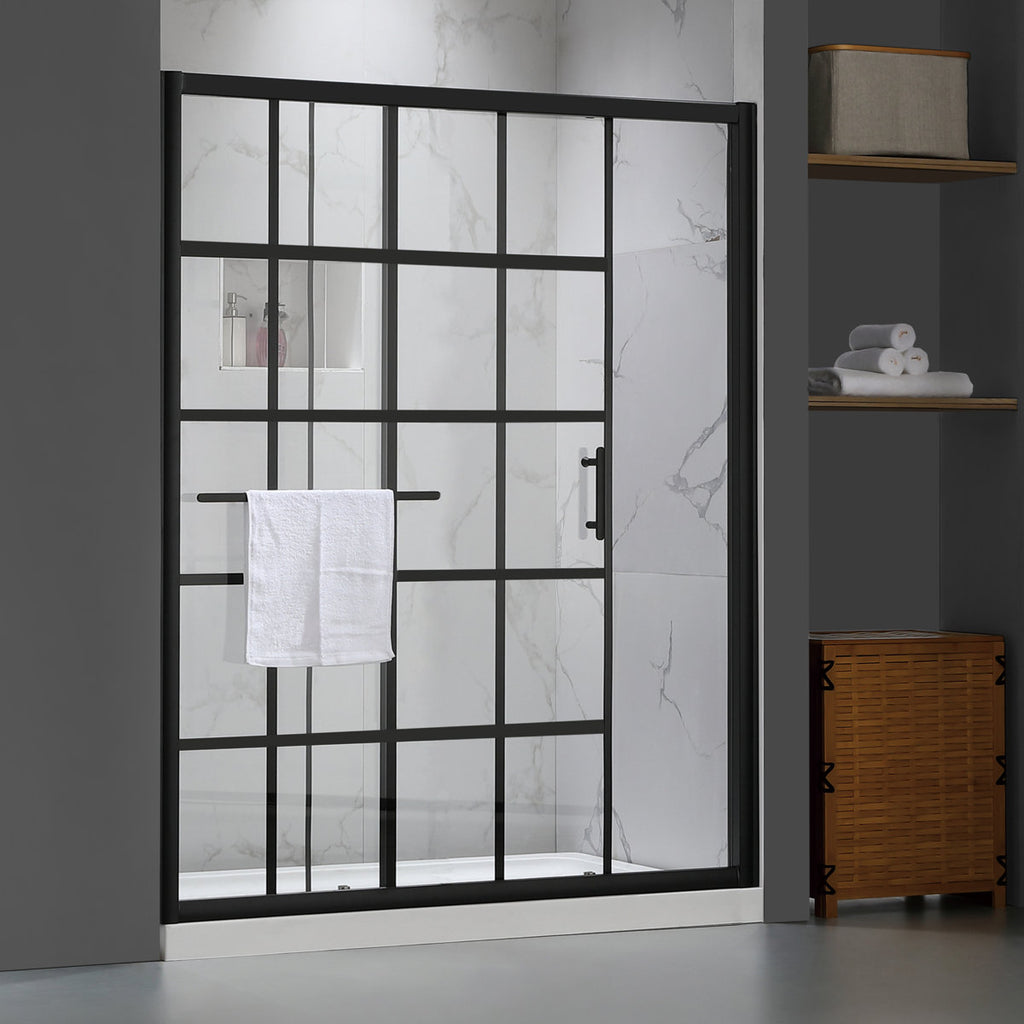 60"W x 72"H Single Sliding Aluminum Framed Shower Door with Black-Grid Tempered Glass and Protective Treatment