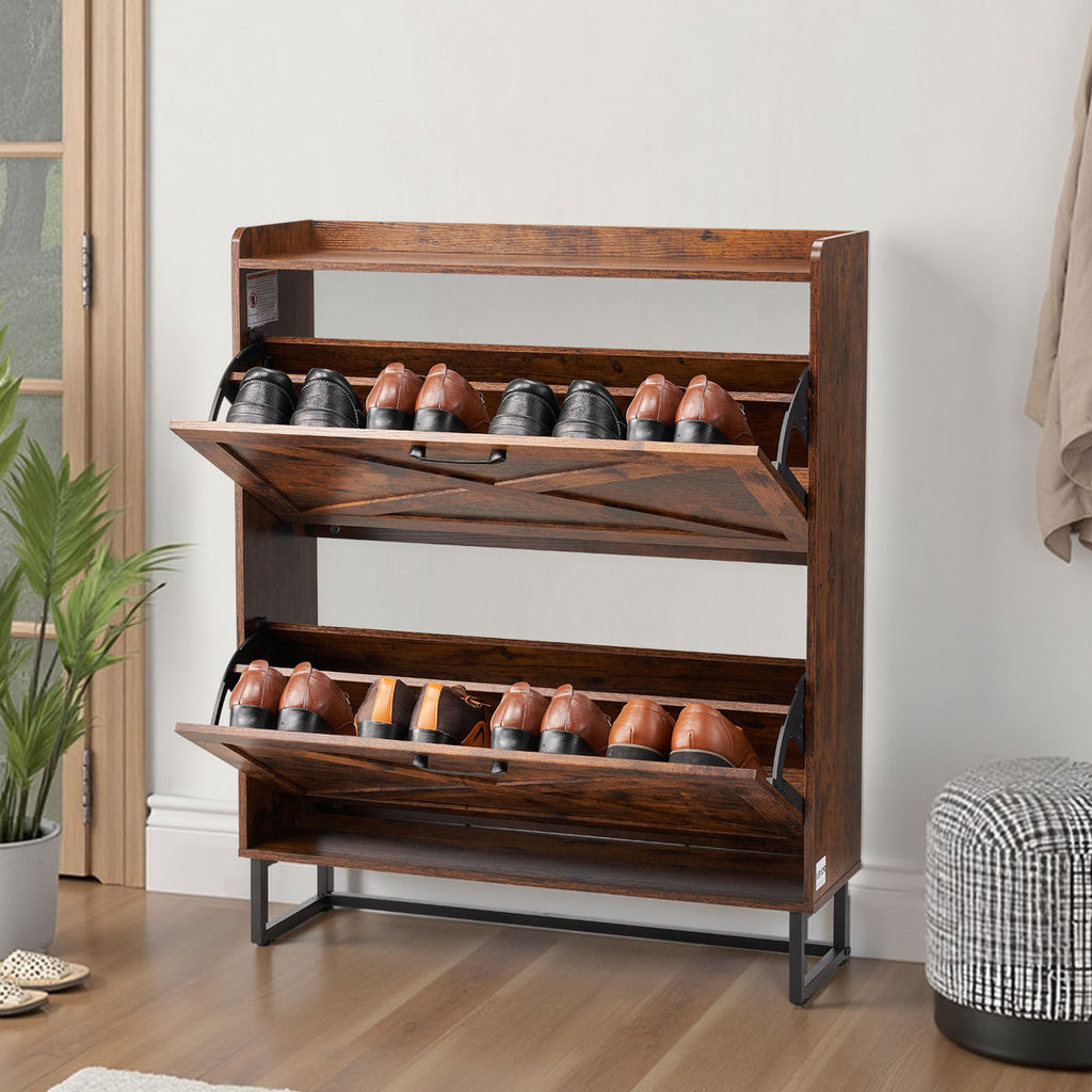 31.5" Rustic Farmhouse Brown Shoe Storage Cabinet Finish Holds 8 Pairs Of Shoes New Great For Hallway or Entry