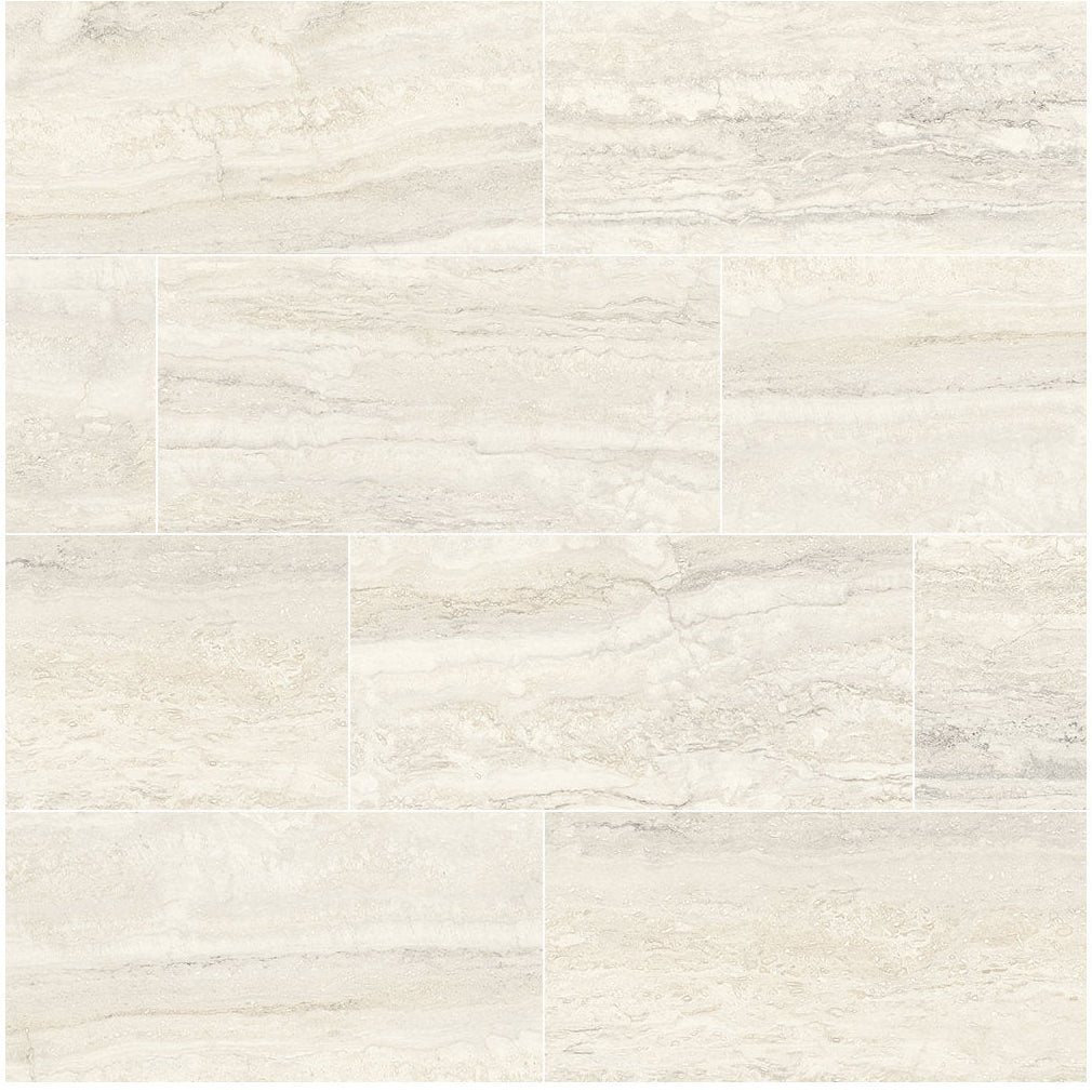 Travino Vein Cut Travertine 12X24 Polished Porcelain Floor or Wall Tile Ivory Gloss Finish New Waterproof