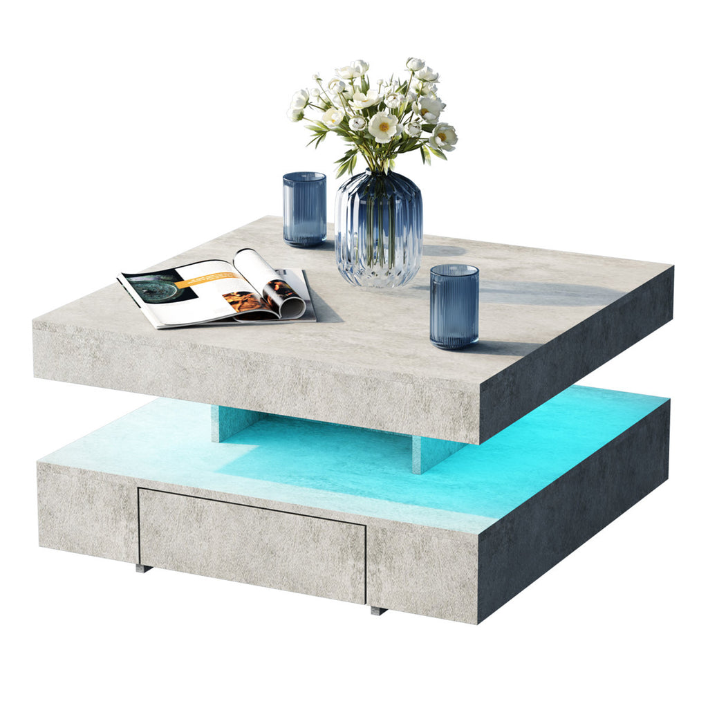 2 Drawer Square Storage Coffee Table Modern New With LED Lighiting Modern Grey Finish