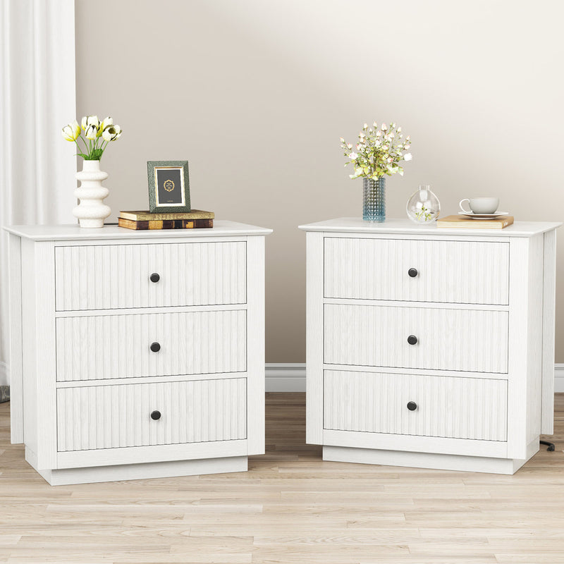 Set of 2 - White 3 Drawer Nightstand Accent End Side Table USB Charging Outlet Fluted Design New Durable Contemporary Storage