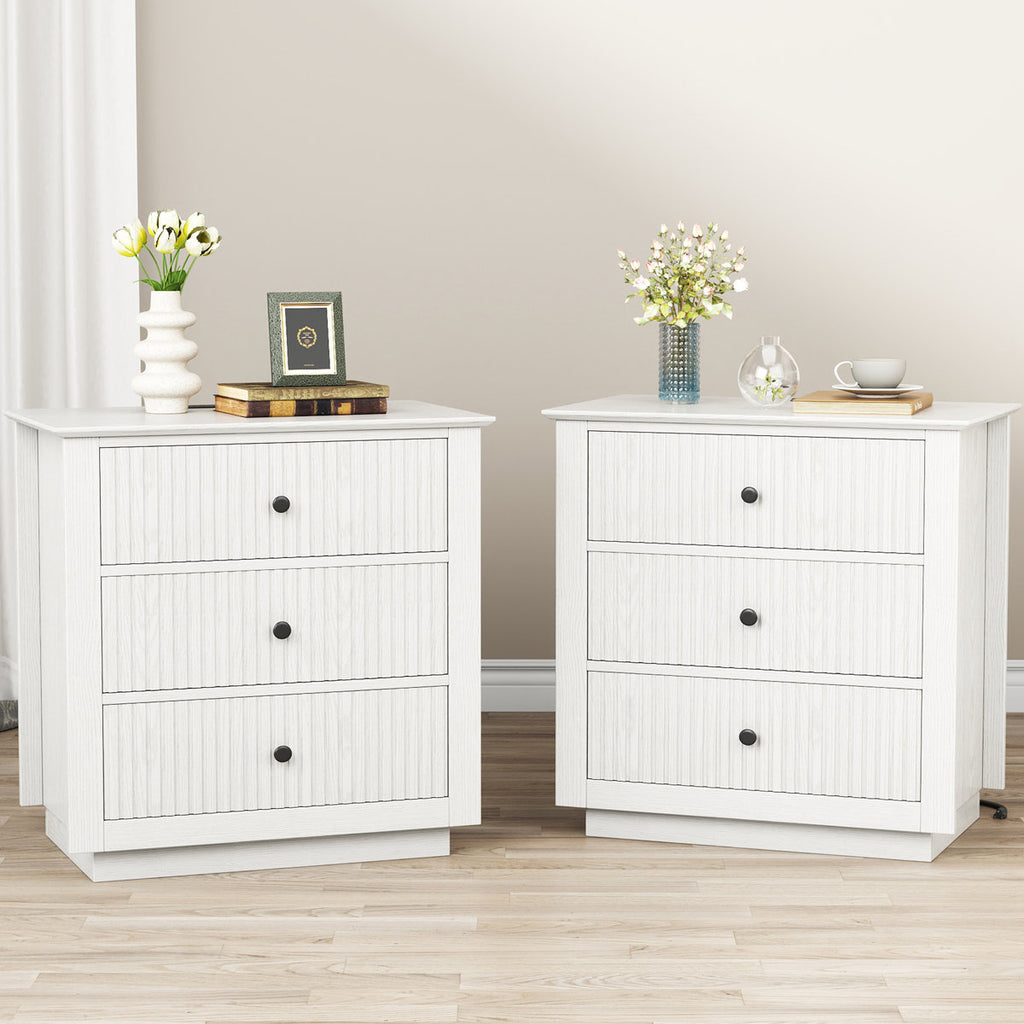 Set of 2 - White 3 Drawer Nightstand Accent End Side Table USB Charging Outlet Fluted Design New Durable Contemporary Storage