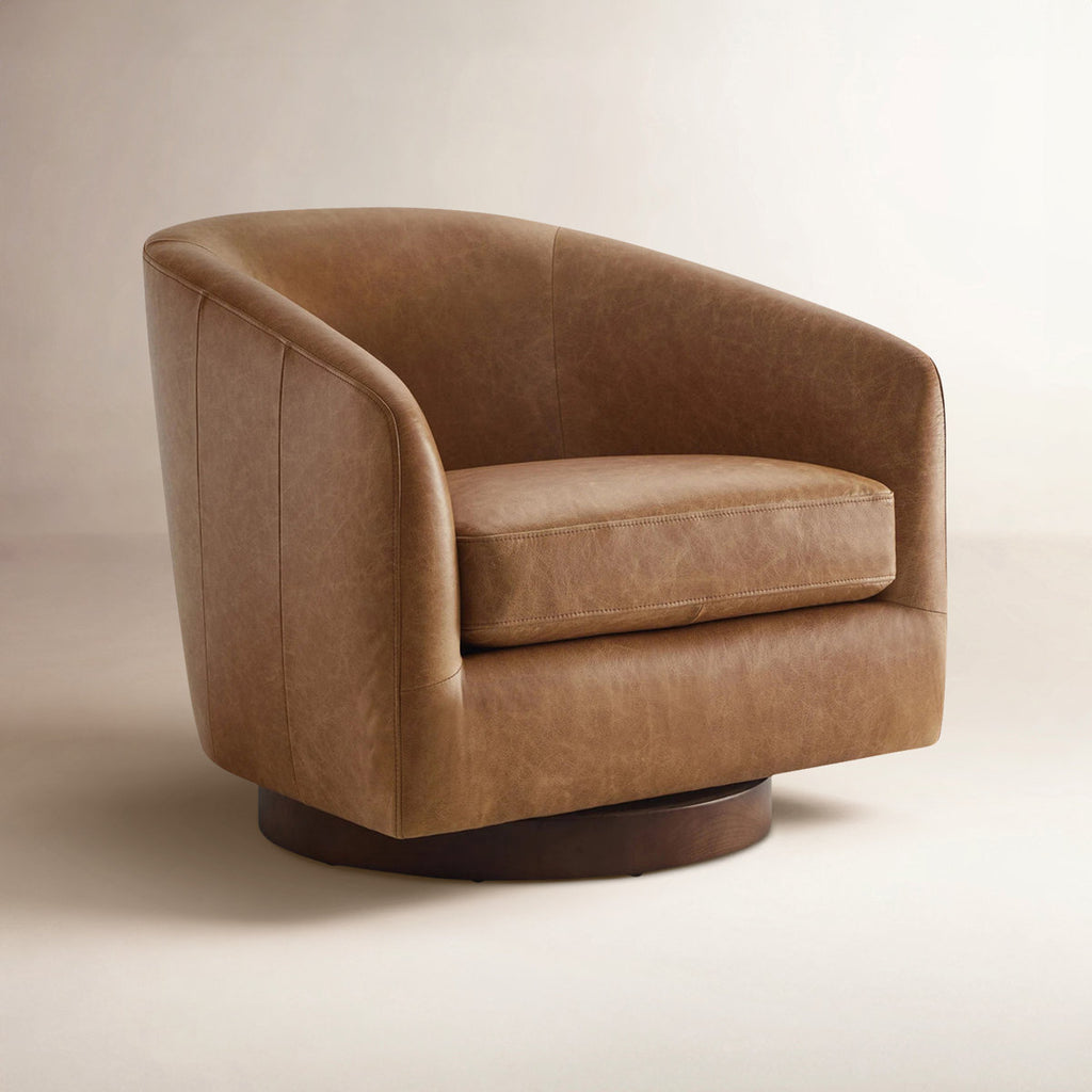 Brown Top Grain Leather Swivel Barrel Accent Lounge Chair New Designer Quality Mid Century Modern