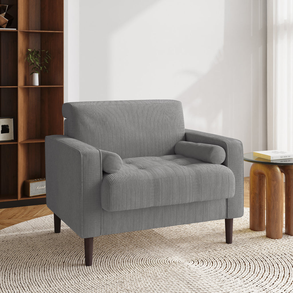Mid Century Modern Tufted Upholstered Grey Corduroy Club Chair Extra Wide Deep Seat Plush New With Bolster Pillows