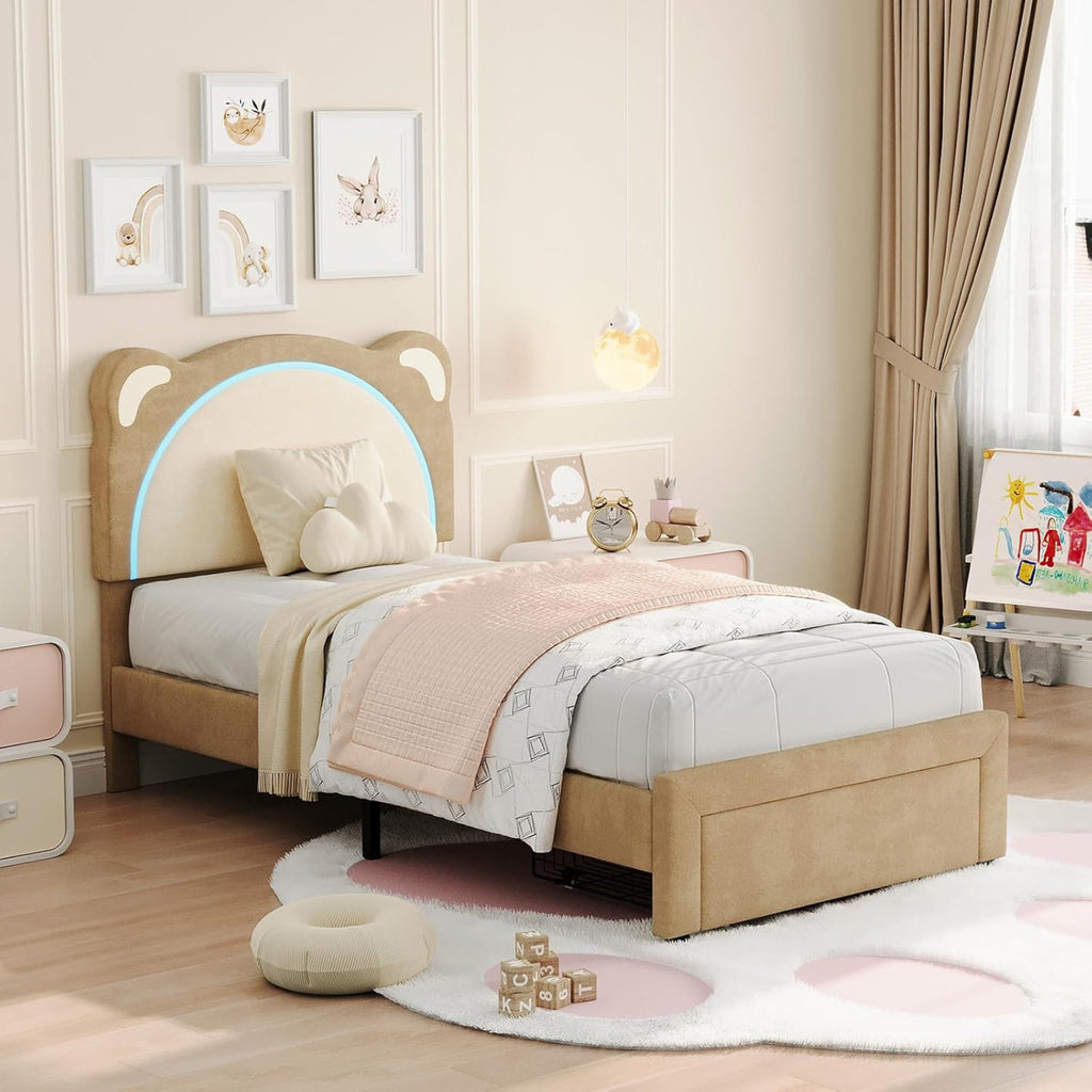 Velvet Teddy Bear Led Platform Storage Bed Frame Twin New Children Kids Bedroom Plush With Drawer