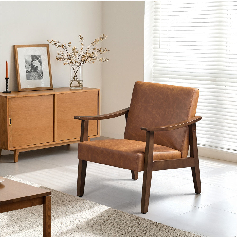 Brown Finished Vegan Leather Mid Century Modern Accent Lounge Chair New Solid Durable Quality Wood