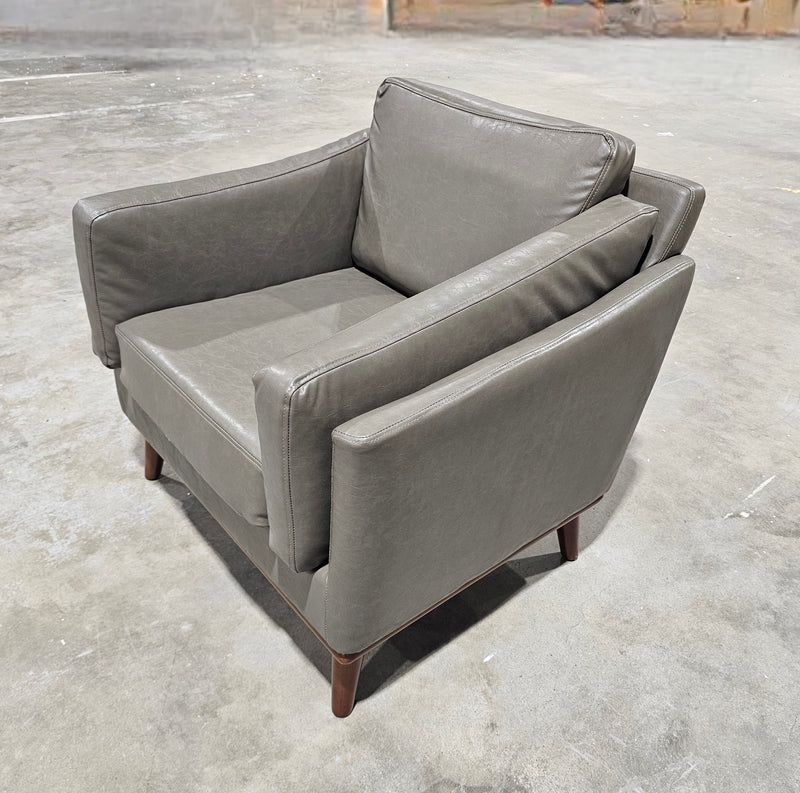 Mid Century Modern Grey Vegan Leather Lounge Chair New Assembled wood Base