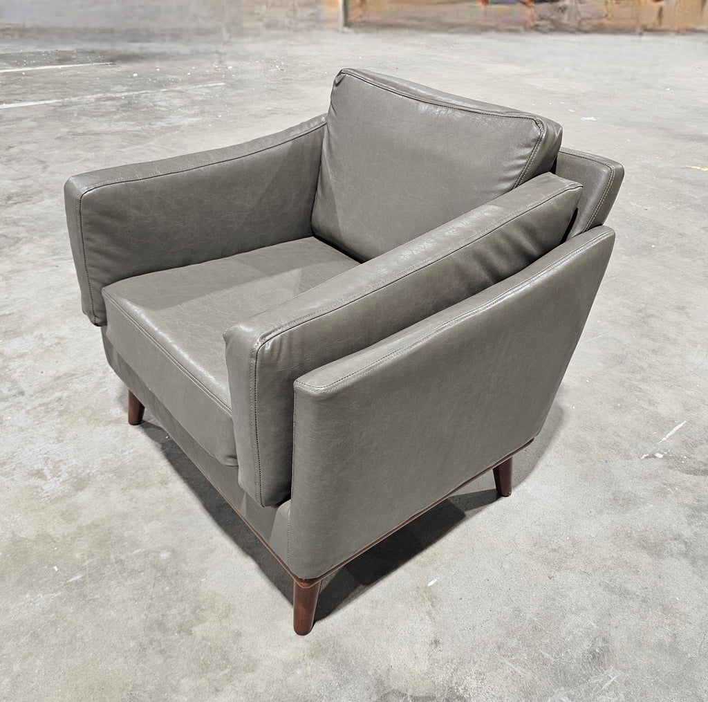 Mid Century Modern Grey Vegan Leather Lounge Chair New Assembled wood Base
